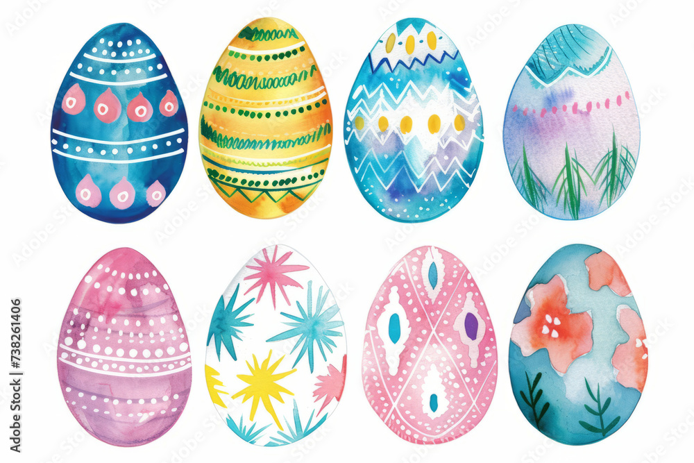 set of colorful Easter eggs isolated on white, watercolor Easter egg decorations in bright colors
