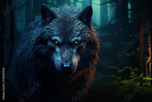 a black wolf with yellow eyes