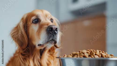 A watchful Golden Retriever looks up eagerly  waiting to eat from a bowl of dog food with a lot of light in the background