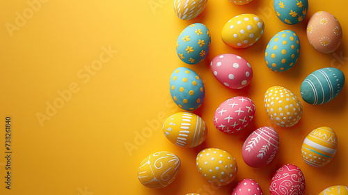 Happy Easter card. Frame with bright pastel speckled easter eggs with copy space for text. isolated on vibrant yellow background,Happy easter flat lay concept with copy space