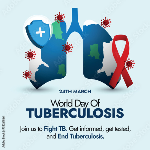 World Tuberculosis Day. 24th march World Tuberculosis Day celebration and awareness banner with earth globe in the shape on lungs pair, red ribbon, protection shield, bacteria cells. Yes We can end TB