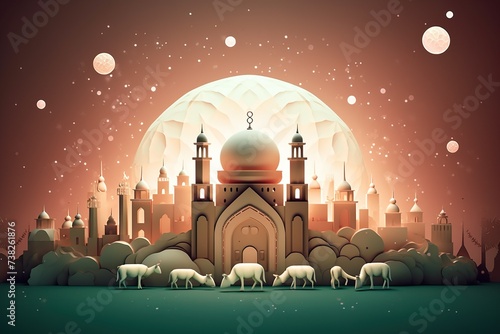 ANIMATED CARTOON STYLE eid al-adha background  eid al-adha illustration with MOSQUE AND sheep Flat eid al-adha WISHING AND CELEBRATION illustration 