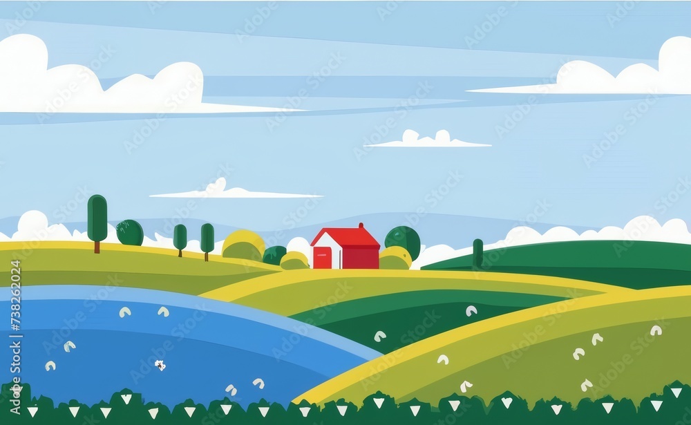 Minimalist summer landscape poster with a blue sky, green fields, and a farmhouse. 
