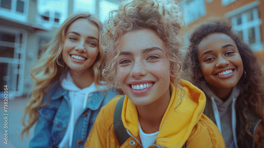 multiracial group of three teenage girls with unretouched skin chatting happily sitting on a bench outside the university campus.generative ai multiracial group of three teenage girls with unretouched skin chatting happily sitting on a bench outside the university campus.generative ai