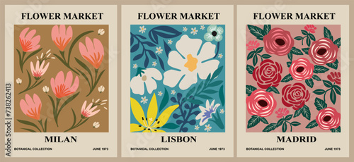 Set of abstract Flower Market posters. Trendy botanical wall arts with floral design in danish pastel colors. Modern naive groovy funky interior decoration, painting, print. Vector art illustration. photo