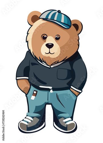 Teddy bear toy cartoon isolated on white background vector illustration graphic design. Teddy Bear boy standing in smart casual clothes  jacket  jeans  shirt  sneakers  hat.