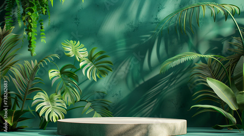 Podium mockup template for product sample presentation, creative ideas with tropical nature elements.