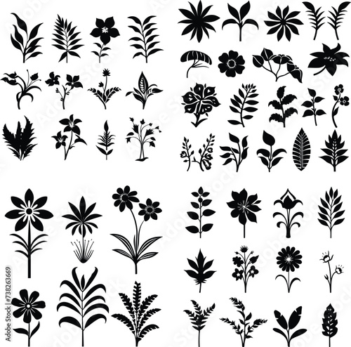 set of  black and white tropical Flower silhouette vector illustration plant leaf isolated summer decoration botanical hibiscus elements