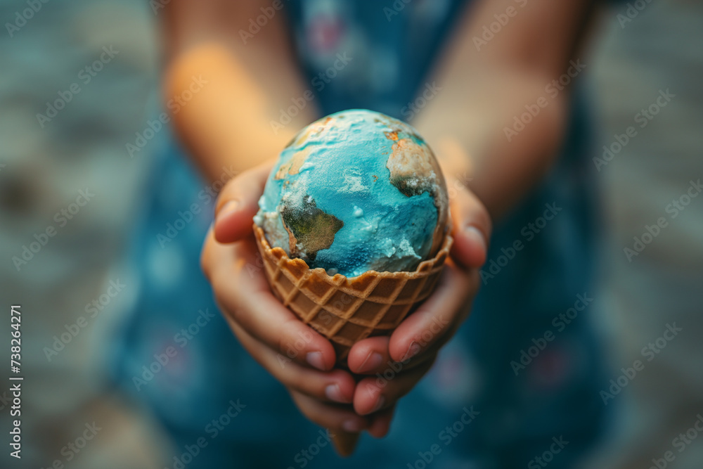 Ice cream cone in the hands of a man, ice cream planet Earth. Ice cream cone in the hands of a man, ice cream planet Earth.