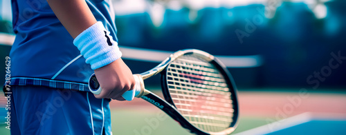 Young tennis player with blue equipment holding the racket on the tennis court. © TopMicrobialStock