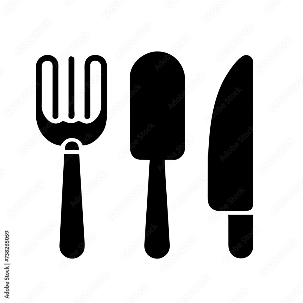 Set of fork, knife, spoon. Silhouette of cutlery. Vector illustration
Set of fork, knife, spoon. Silhouette of cutlery. Vector illustration