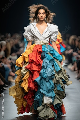Model in Colorful Recycled Fabric Dress at Fashion Show