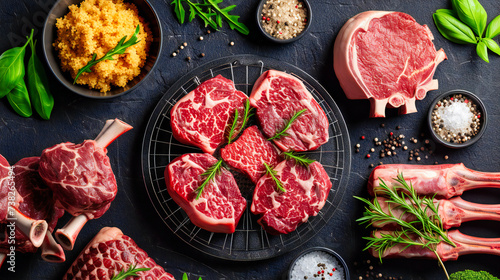 Fresh Raw Beef Steaks, Culinary Preparation, Meat and Seasoning on Wooden Background