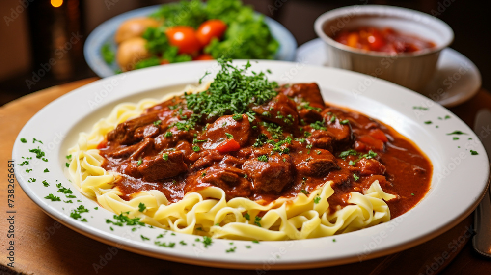 A plate of hearty goulash, a Hungarian stew made with tender beef, paprika, and vegetables, served over a bed of buttered noodles. 