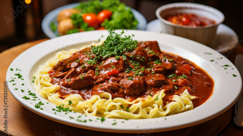 A plate of hearty goulash, a Hungarian stew made with tender beef, paprika, and vegetables, served over a bed of buttered noodles. 