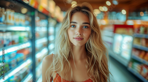 Portrait of a young blonde woman grocery shopping in a modern supermarket.