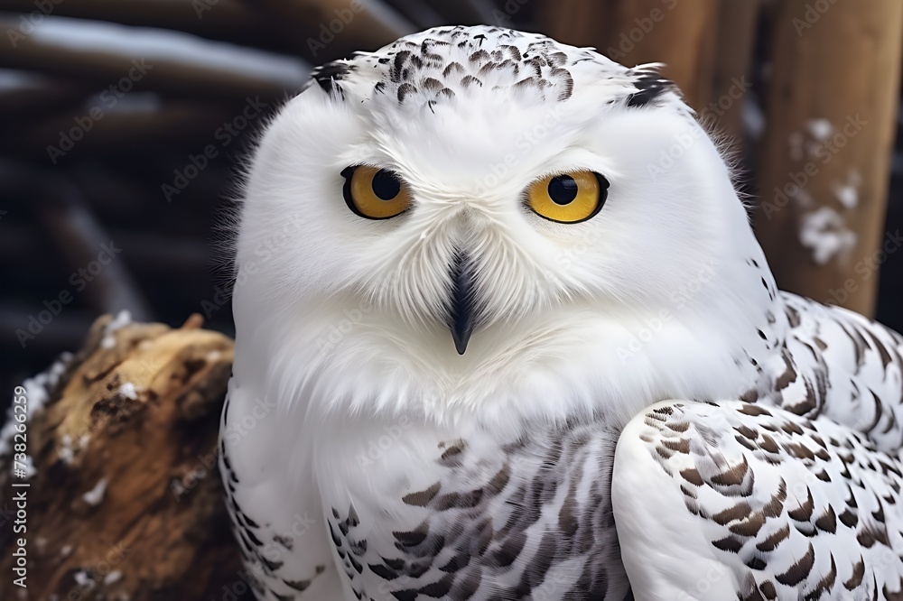 Fototapeta premium picturesque snowy owl perching close-up view