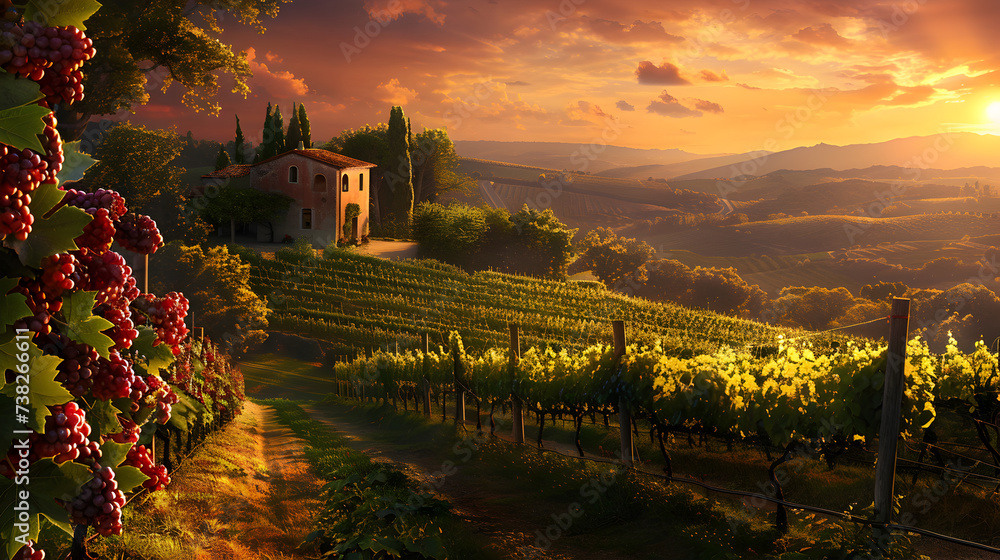 A beautiful landscape with sunflowers and a view of a vineyard,,
A painting of a vineyard with a church in the background - obrazy, fototapety, plakaty 