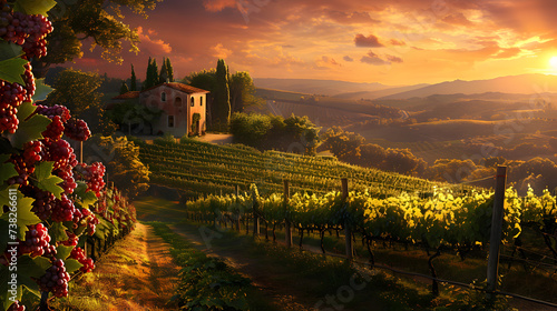 A beautiful landscape with sunflowers and a view of a vineyard,,
A painting of a vineyard with a church in the background photo