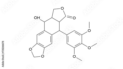 podofilox molecule, structural chemical formula, ball-and-stick model, isolated image non-alkaloid toxin lignin photo