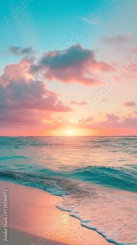 Colorful sunset on sandy tropical beach with beautiful sky, clouds, soft waves