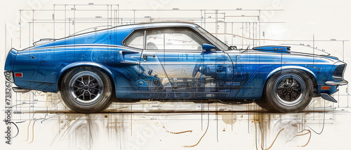 2D technical schematic of a car, blue and white,generative ai