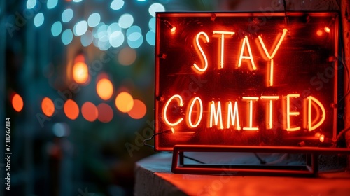Stay committed text on blurred background, success concept on abstract defocused theme.