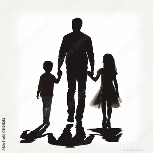 Family silhouette. Black silhouette of a family. Silhouette of a father with two children. Black and white back view silhouette of a father walking with his daughter and son holding hands.