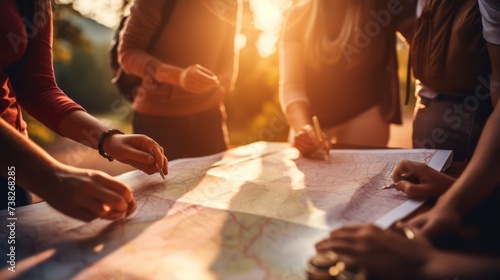 A group of friends planning a trip together with a map, Teamwork, blurred background, with copy space photo