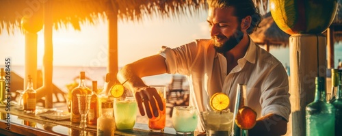 Barman preparing a cocktail in a beach bar