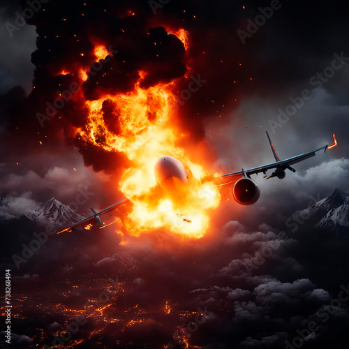 Plane explosion.  Aviation crash. Fire and smoke in the night sky. An image created by artificial intelligence.