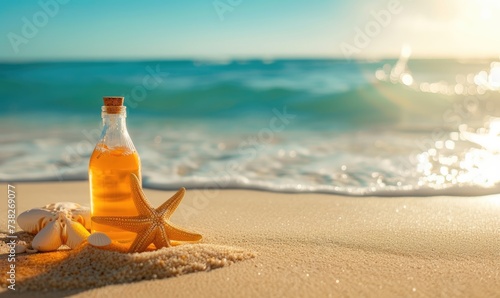 Radiant Summer Beauty: Achieve Slimming Goals with Joyful Balance of Beach Wellness and Healthy and Confidence Body Glow. Bottle of Tea Adorned with Starfish. Copy Space.