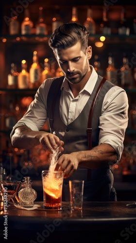 Professional bartender pouring and preparing cocktails at bar counter.