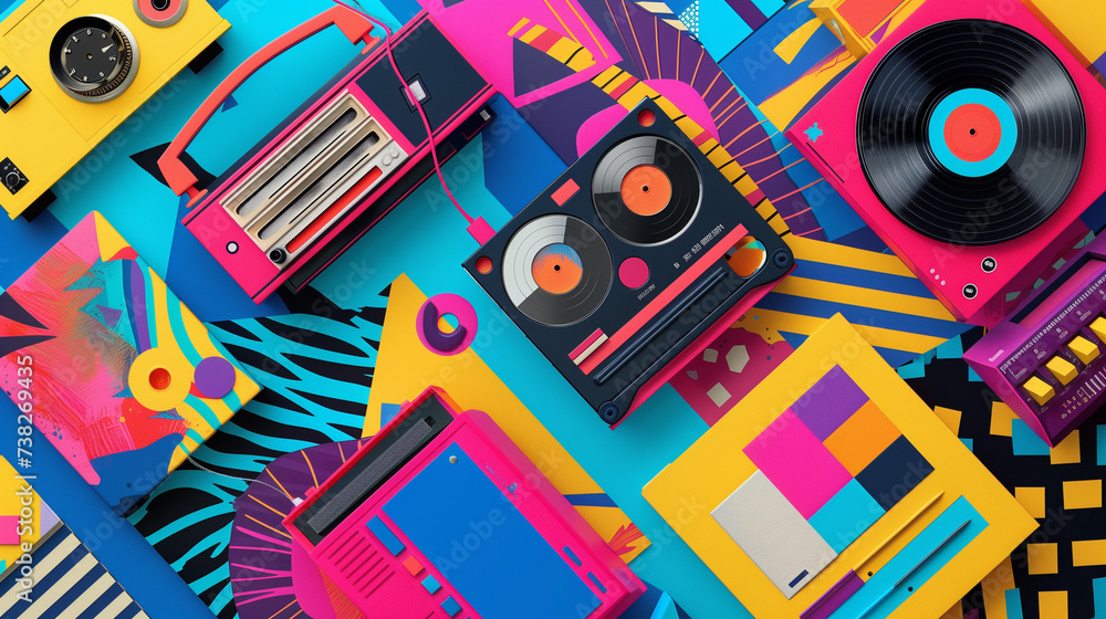 Obraz premium Colorful Retro Tech and Accessories Flatlay