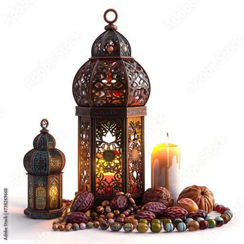Ornamental Arabic lantern with burning candle glowing on white background. Festive greeting card, invitation for Muslim holy month Ramadan Kareem.