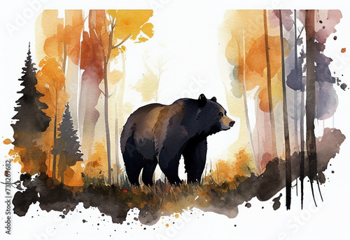 watercolor sketch of black bear walking in autumnal forest. generative ai.