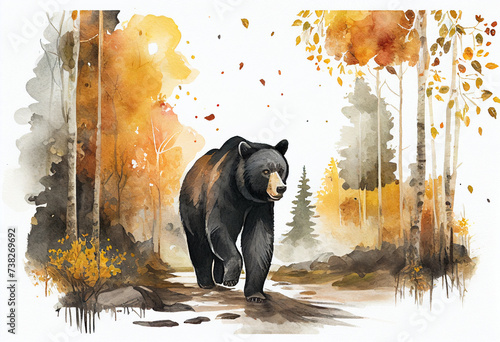 watercolor sketch of black bear walking in autumnal forest. generative ai.