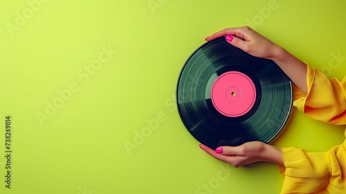 Female hands holding a vinyl record. Copy space. Minimal retro party concept. Music festival concept.