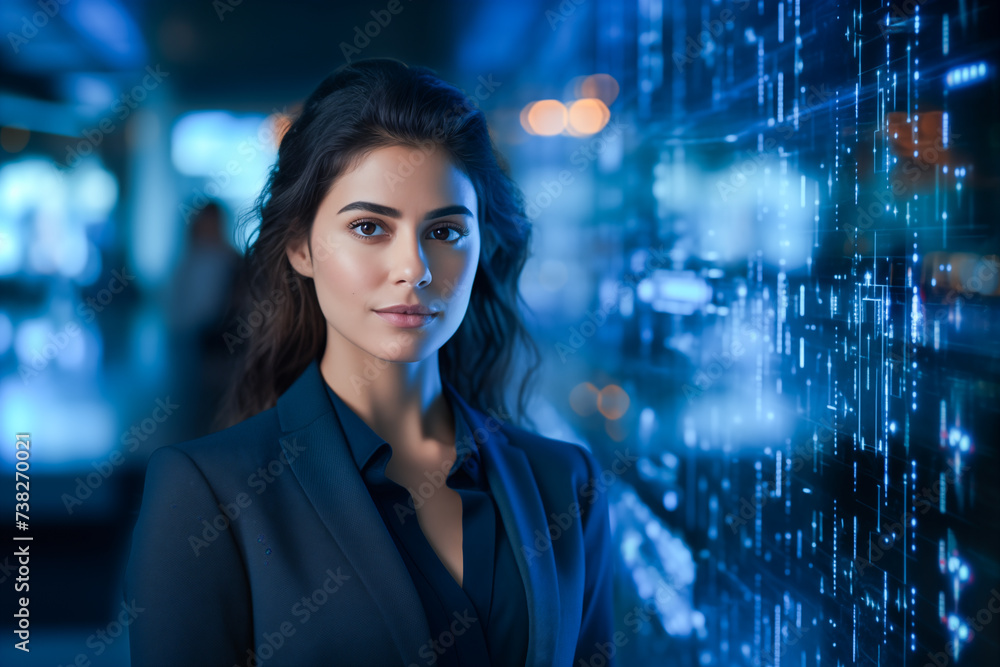 Young ICT woman works in cybersecurity, software, middleware, web development, IOT, robotics, AR/VR, AI. Young ICT woman works in cybersecurity, software, middleware, web development, IOT, robotics, AR/VR, AI.
