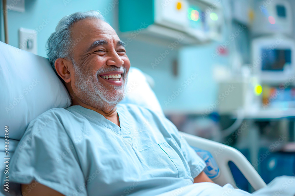 Smiling mature american adult male patient in a clinic hospital room on a bed receiving good news Smiling mature american adult male patient in a clinic hospital room on a bed receiving good news