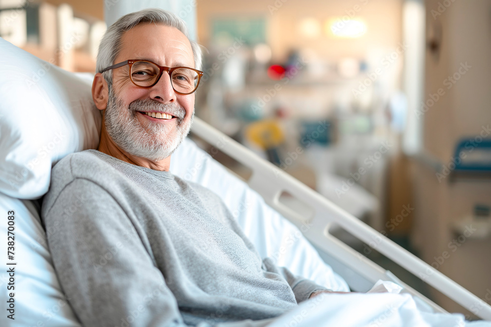 Smiling mature american adult male patient in a clinic hospital room on a bed receiving good news Smiling mature american adult male patient in a clinic hospital room on a bed receiving good news
