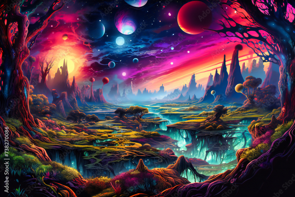 Fantasy Planet Landscape, Science Fiction and Space Exploration, Artistic Universe Concept