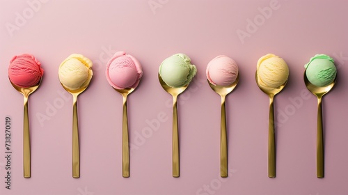 Golden spoons with scoops of different types of ice cream on pastel pink background. Minimal summer concept. © Coralstar