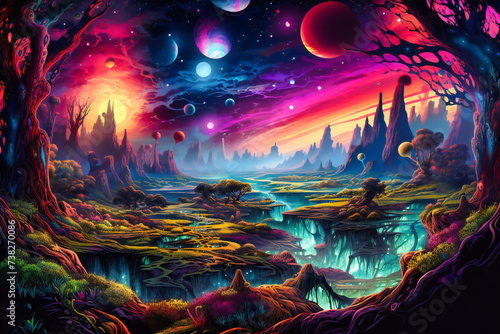 Fantasy Planet Landscape  Science Fiction and Space Exploration  Artistic Universe Concept