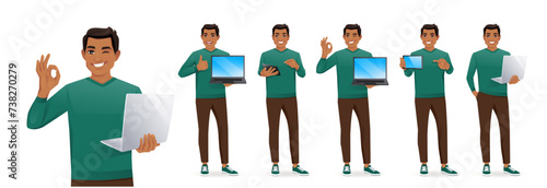 Young casual business man holding with blank screen laptop computer and tablet standing different posing isolated vector illustration