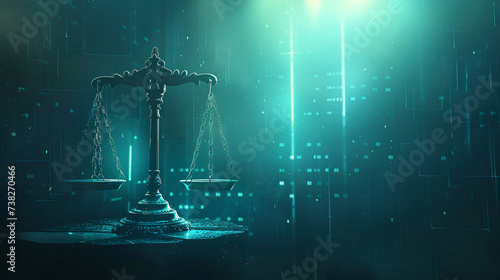law scales sitting in a dark background, in the style of futuristic digital art, dark cyan and dark beige, law scales sitting in a dark background, Generative Ai 