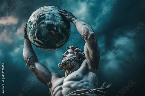 Fototapeta Naklejka Na Ścianę i Meble -  huge great statue of the greek god titan atlas holding planet earth in his hands. dark sky in the background
