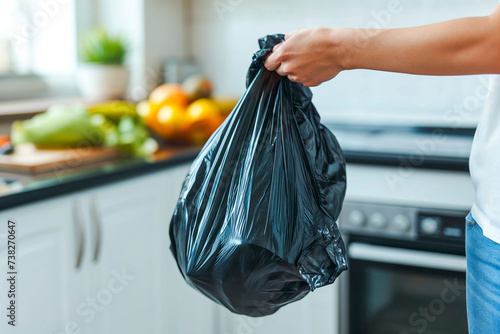 hands of a person throwing away a trash garbage bag in a trash bin in the kitchen photo