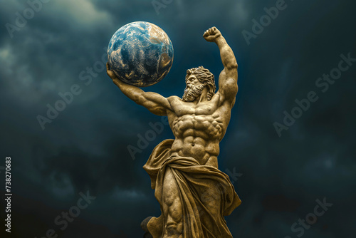 huge great statue of the greek god titan atlas holding planet earth in his hands. dark sky in the background photo