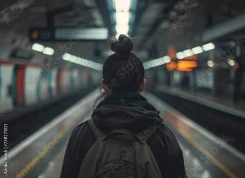 A woman with a backpack waits for a train at a metro station